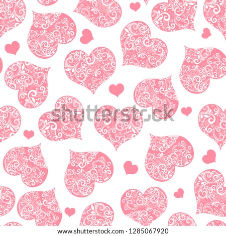 Monochrome pink seamless valentine pattern on transparent background with lace hearts, vector eps 8