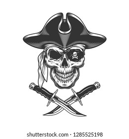 Monochrome pirate skull with eye patch and crossed knives in vintage style isolated vector illustration