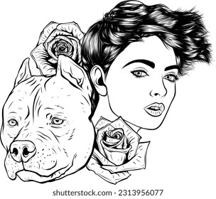 monochrome Pitbull Dog Face with head woman and Rose Flower