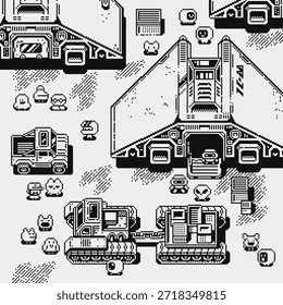 Monocromo pixel art escena de juego de ciencia ficción con base futurista, vehículos, robots y personajes Pequeños. Entorno de vista superior retro de 8 bits para juegos independientes, mapas de estrategia, diseño de niveles, mundos de ciencia ficción.