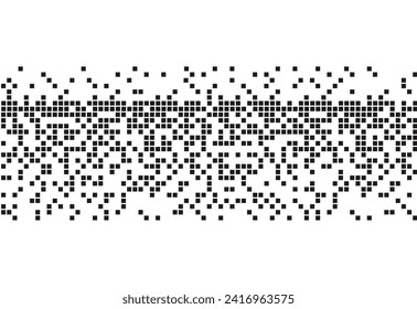 Monochrome pixel art seamless divider. Falling apart mosaic pieces. Abstract background. Horizontal pixel gradient. Pixel art backdrop with a place for your text.