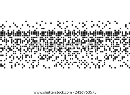 Monochrome pixel art seamless divider. Falling apart mosaic pieces. Abstract background. Horizontal pixel gradient. Pixel art backdrop with a place for your text.