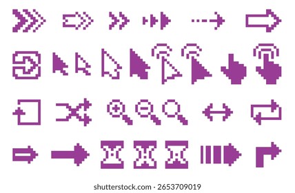 Cursores de pixel monocromáticos. Clica em ícones e setas de 8 bits, dedo da mão, ampulheta, lupa, ativos de computador retro, ponteiros silhuetas, elementos de interface, conjunto de vetores qualitativos