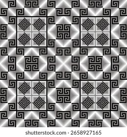Monochrome Pixel Greek Key Pattern. Seamless grayscale digital design with geometric meander and square motifs. Ideal for ethnic textiles, modern decor and backgrounds.