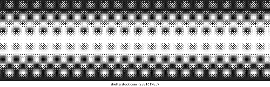 Monochrome pixel halftone gradient seamless pattern. Texture of squares with fading dithering. Vector retro illustration