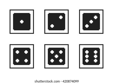 Monochrome pixel-art vector icon set: pixelated black dices with white dots, with numbers from one to six on the upper side, in black frames, size 30x30 px