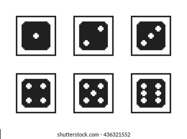 Monochrome pixel-art vector pixelated black dices with white dots