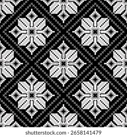 Monochrome Pixelated Ethnic Pattern. Seamless abstract grayscale digital embroidery design with geometric folk motif. Ideal for textile, fabric, and modern ethnic prints.