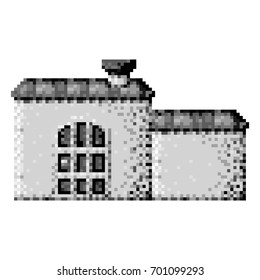 monochrome pixelated house with chimney and big door vector illustration
