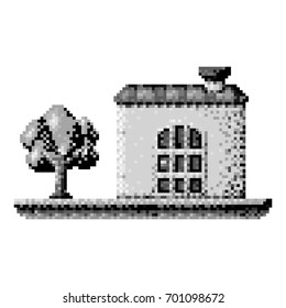 monochrome pixelated house in meadow with tree vector illustration