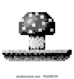 monochrome pixelated mushroom in meadow vector illustration