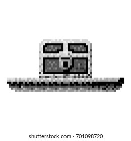 monochrome pixelated treasure chest with padlock in meadow vector illustration
