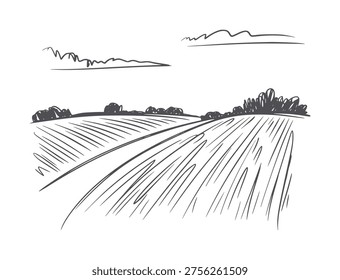 Monochrome of plowed agricultural fields with distant trees and hills