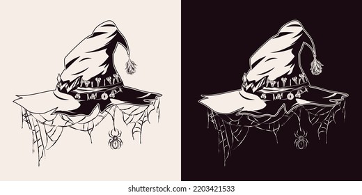 Monochrome pointed witch hat with W shaped buckle, bones, eye on stick behind a ribbon on a hat, rose, hanging spiderweb like veil. Traditional halloween decor. Vector illustration.
