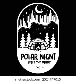 "Projeto de Noite Polar Monocromática com um iglu sob um céu estrelado com luzes do norte, perfeito para projetos de inverno e temáticos de aventura."