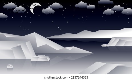 Monochrome polar seascape. Icebergs, ice floes float, reflected in the water, against the backdrop of snowy shores, the night sky with the moon, stars, silhouettes of flying birds. Vector. 