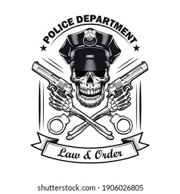 Monochrome Policeman Skull With Guns And Handcuffs Vector Illustration. Vintage Badge For Police Department. Law And Order Concept Can Be Used For Retro Template, Banner Or Poster