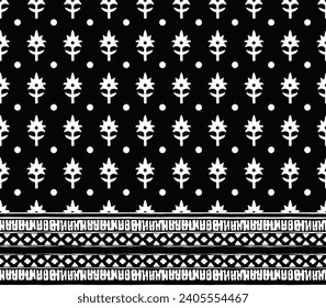 MONOCHROME POLKA AND LEAF PATTERN ALL OVER PRINT WITH BORDER SEAMLESS PATTERN VECTOR ILLUSTRATION