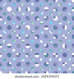 Monochrome Polka-Dot seamless vector pattern in violet, blue and green. Elegant geometric design with tiled circles and semicircles. Great for fashion fabrics, home decor and stationary. 