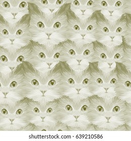 Monochrome polygonal seamless pattern with cat heads, vector, design for textile texture, card, print, low poly style