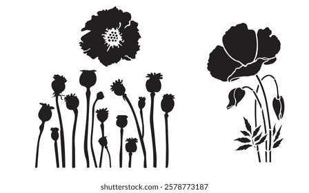 Monochrome Poppy Silhouettes, A Study in Floral Forms and Textures featuring isolated blossoms, seed pods, and leafy stems in a black and white vector design