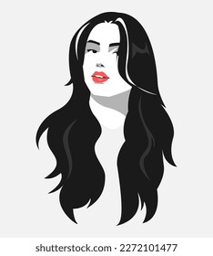 Monochrome portrait of a beautiful woman with long wavy hair. red lips. beauty concept, woman, hairstyle. suitable for print, sticker, poster, avatar, profile picture and more. vector illustration.