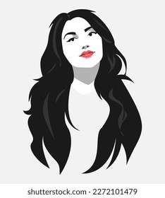 Retrato monocromo de una hermosa mujer con el pelo largo y ondulado. labios rojos. concepto de belleza, mujer, peinado. adecuado para imprimir, pegar, afiche, avatar, foto de perfil y más. ilustración vectorial.