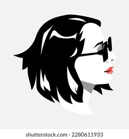 Monochrome portrait of a beauty young woman. side view. wearing a sunglasses, shorthair. avatar for social media. colored. for profile, template, print, sticker, poster, etc. flat vector illustration.