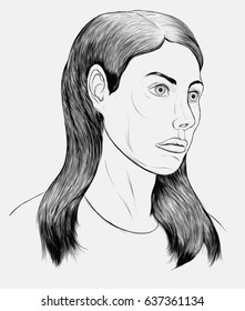 Monochrome  portrait of cute woman with free hairstyle and natural makeup. Female vector character on a white background. 