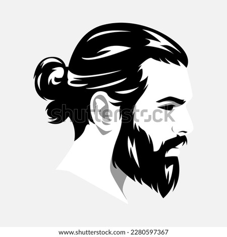 Monochrome portrait of a handsome man face side view. bearded, ponytail hair. avatar for social media. colored. for profile, template, print, sticker, poster, etc. flat vector illustration.