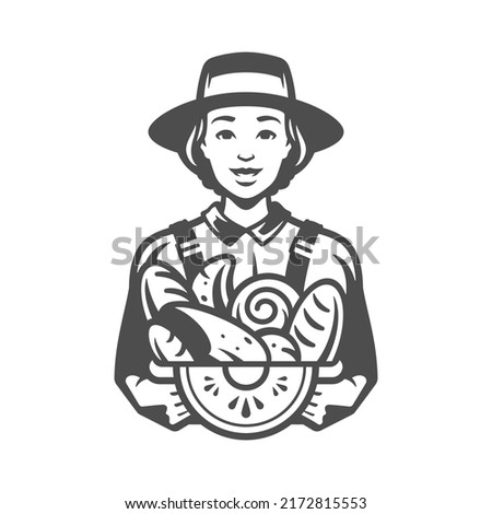 Monochrome portrait hospitality woman agronomist with basket full of homemade pastry organic flour grain cultivation vintage icon vector illustration. Female bakery fresh cooked delicious food