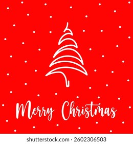 Monochrome postcard with zigzag Christmas tree design. Hand drawn minimalist Christmas tree on red background with white snowflakes. Unique monochrome postcard for sending Merry Christmas wishes