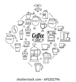 monochrome poster of coffee shop with several icons related to coffee