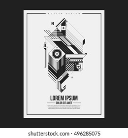 Monochrome poster design template with abstract geometric creature. Useful for advertising.