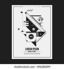 Monochrome poster design template with abstract geometric creature. Useful for advertising.