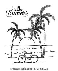 monochrome poster of hello summer with landscape of sea and sunset between palm trees vector illustration