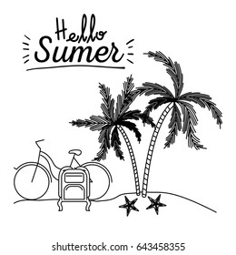 monochrome poster of hello summer with landscape in beach with bike and luggage next to palm trees vector illustration