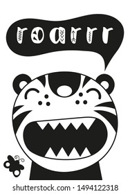 Monochrome Poster for nursery scandi design with cute tiger and text Wild child in Scandinavian style. Vector Illustration. Kids illustration for baby clothes, greeting card, wrapper.