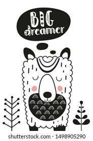 Monochrome poster for nursery scandi design with cute llama in Scandinavian style. Vector Illustration. Kids illustration for baby clothes, greeting card, wrapping paper. Big dreamer.