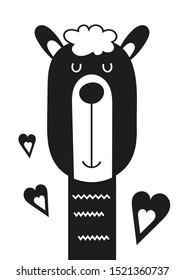 Monochrome poster for nursery scandi design with cute llama in Scandinavian style. Vector Illustration. Kids illustration for baby clothes, greeting card, wrapping paper.