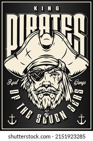Monochrome poster with pirate face, wearing hat and eye patch marine illustration vector vintage style svg