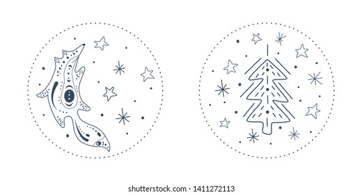 Monochrome poster in with a red fox and spruce on a background of winter. Isolated flat animal illustration in doodle style. With a design element of spruce and stars.