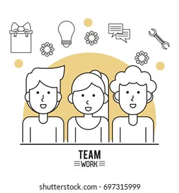 monochrome poster of team work with half body group of woman and two men and icons tools on top