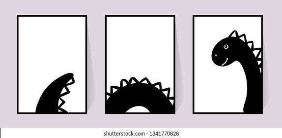 Monochrome posters with cute Dinosaur. Vector set Decor for walls. Black and white drawing in the Scandinavian style. Illustration on white background. Three cards for printing. Silhouette animal.