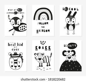 Monochrome posters set. Cute forest jungle animals in scandi style - ox, hare, zebra, tiger, elephant. Vector. Kids print for baby clothes, greeting card, wrapping. Lettering, motivational quotes.