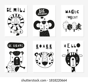 Monochrome posters set. Forest jungle animals in scandi style - lion, elephant, bear, tiger, giraffe. Vector. Kids print for baby clothes, greeting card, wrapping. Lettering, motivational quotes.