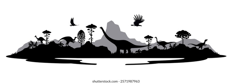 Monochrome prehistoric dinosaur silhouettes. Prehistoric nature landscape vector silhouette with mountains, forest trees and pelecanimimus, paralititan and probactrosaurus, scutellosaurus dinosaurs