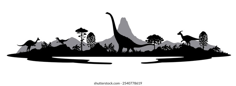 Monochrome prehistoric dinosaur silhouettes. Vector dino animals and reptiles on jurassic forest trees and mountains background. Titanosauria, velociraptor, lambeosaurus, parasaurolophus silhouettes