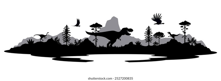 Siluetas de dinosaurios prehistóricos monocromáticos de T Rex tyrannosaurus en la selva forestal, fondo de Vector. Lagartos gigantes del Jurásico prehistórico y dinosaurios con aves dinosaurio en la silueta de la montaña del bosque