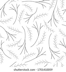 Einfarbige, primitive Zweige auf weißem Hintergrund. Vektorillustration nahtlos. Design für Stoff, Druck, Umhüllung. 